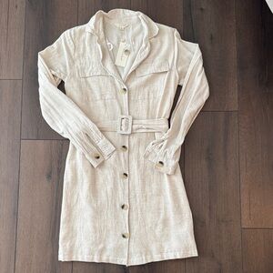 Beige Button-Up Belted Dress